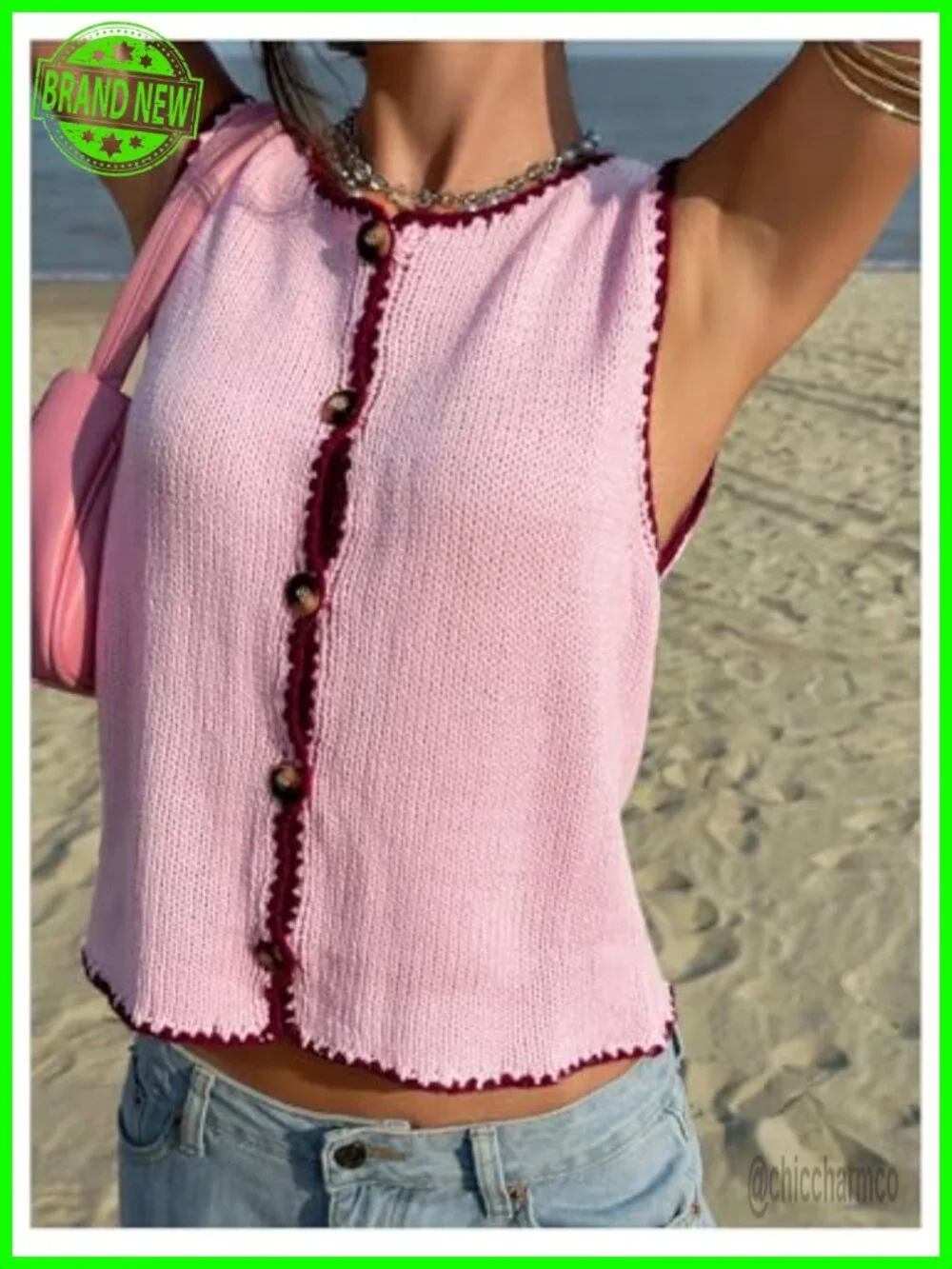 Sleeveless Button Up Cropped Sweater Vest Knit Cardigan Tops